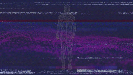 animation of wireframe human figure standing against glitchy purple and blue digital backdrop