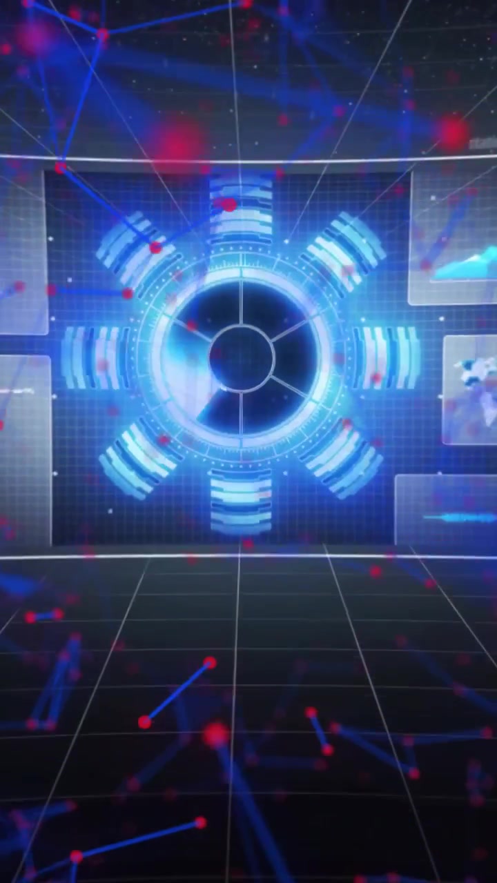 Vertical video: Red nodes starting cyan HUD, rings pulsing, charts syncing to show network data