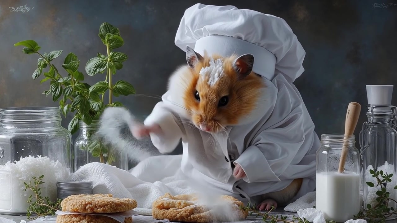 Cute hamster dressed as a professional chef baking cookies in a miniature kitchen with flour and herbs