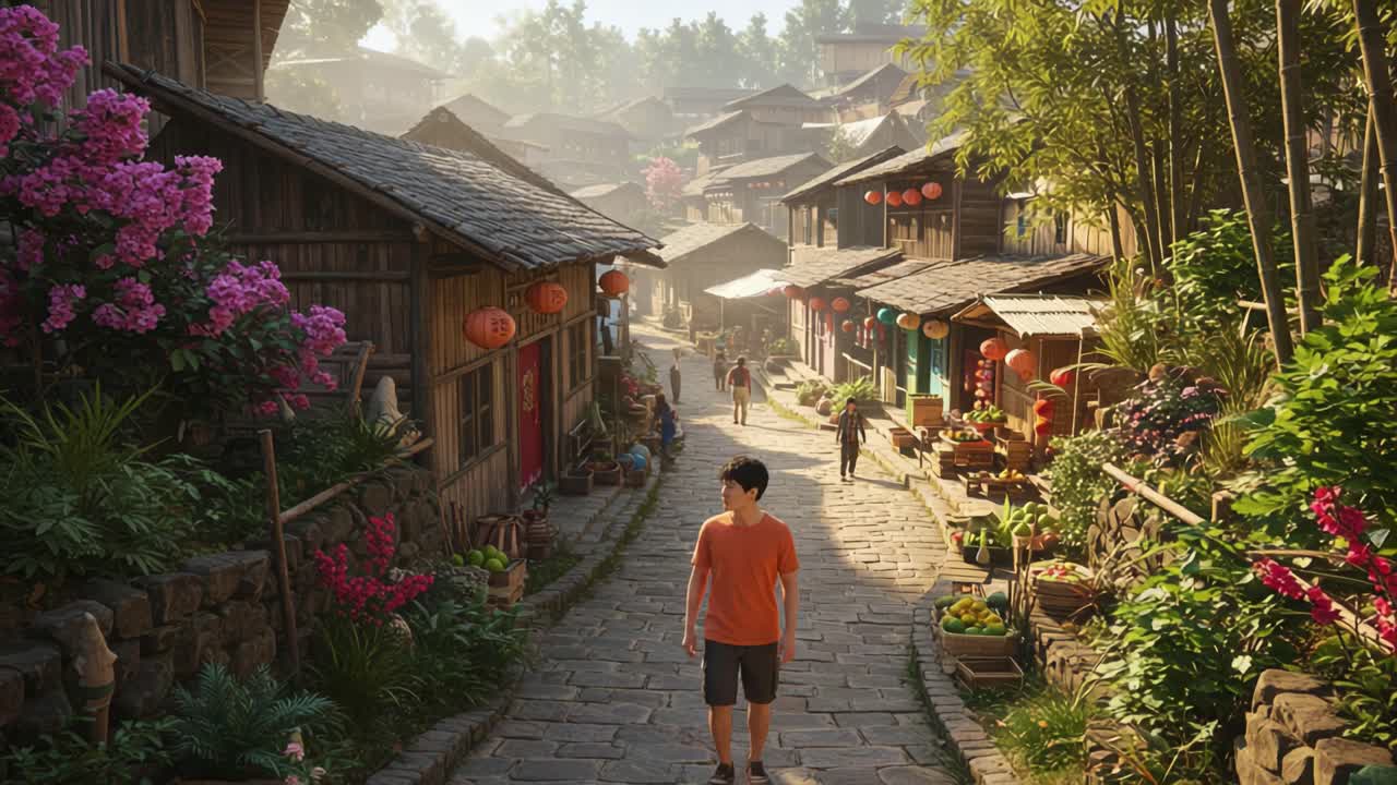 A Serene Walk Through a Picturesque Village, With Colorful Flowers and Traditional Houses, Capturing the Essence of Outdoor Community Life in Nature's Embrace