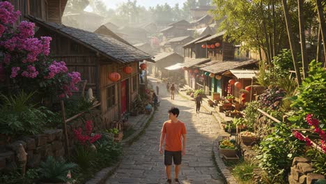 a serene walk through a picturesque village, with colorful flowers and traditional houses, capturing the essence of outdoor community life in nature's embrace