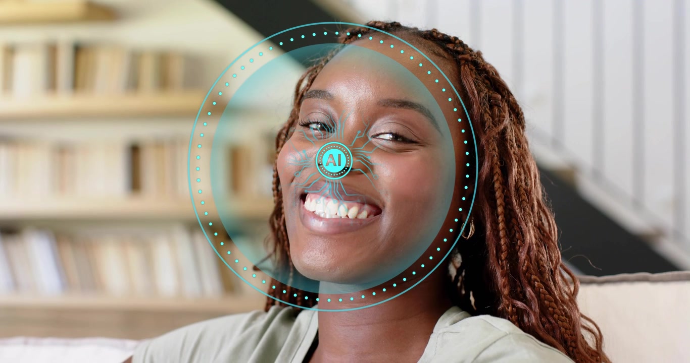 woman sitting sofa viewing tech demo featuring AI overlay scanning face smiling laughing fading