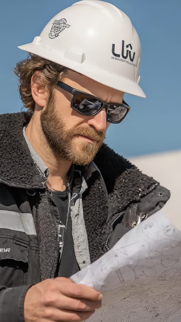 Focused Construction Worker Analyzing Blueprint with Hard Hat and Sunglasses in Bright Outdoor Setting to Ensure Safety and Precision in Project Planning