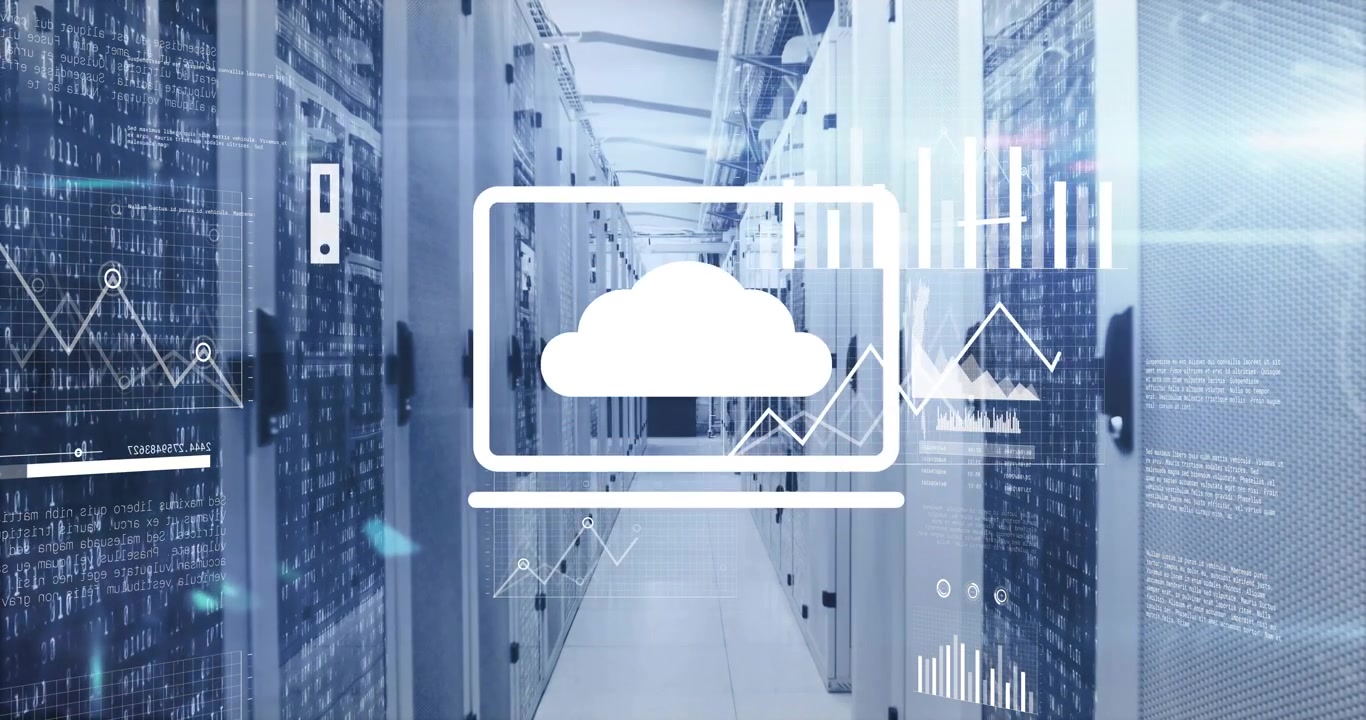 Cloud appearing in corridor starting data flow with growing charts pulsing and fading overlays