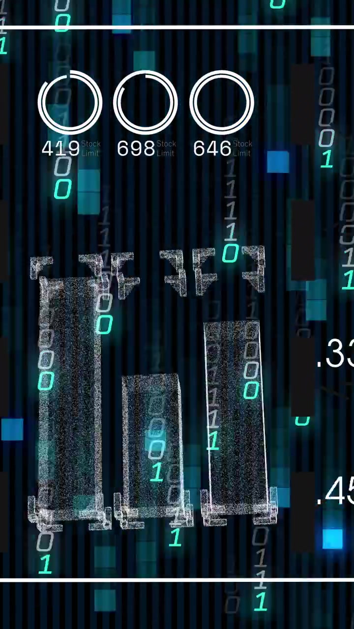 Vertical video: Bits falling starting 3D tower shifting to three columns, rings showing trends