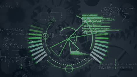 animation of round scanner, mathematical equations and data processing against spinning gears