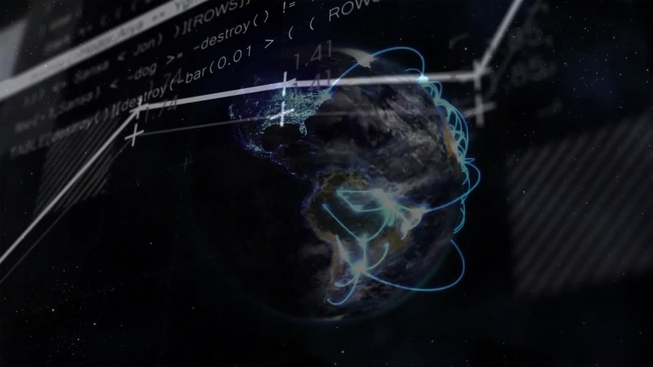 Rotating Earth globe floating in space, sliding stripes, tracing blue trails, forming network graph