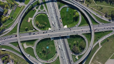 aerial view of a freeway intersection traffic trails in moscow.