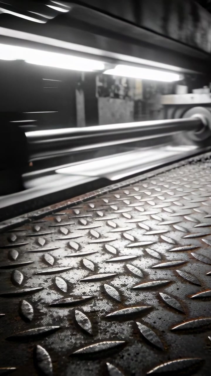 Metal strip feeding starting roller unit traveling rails in factory, animated labels tagging parts