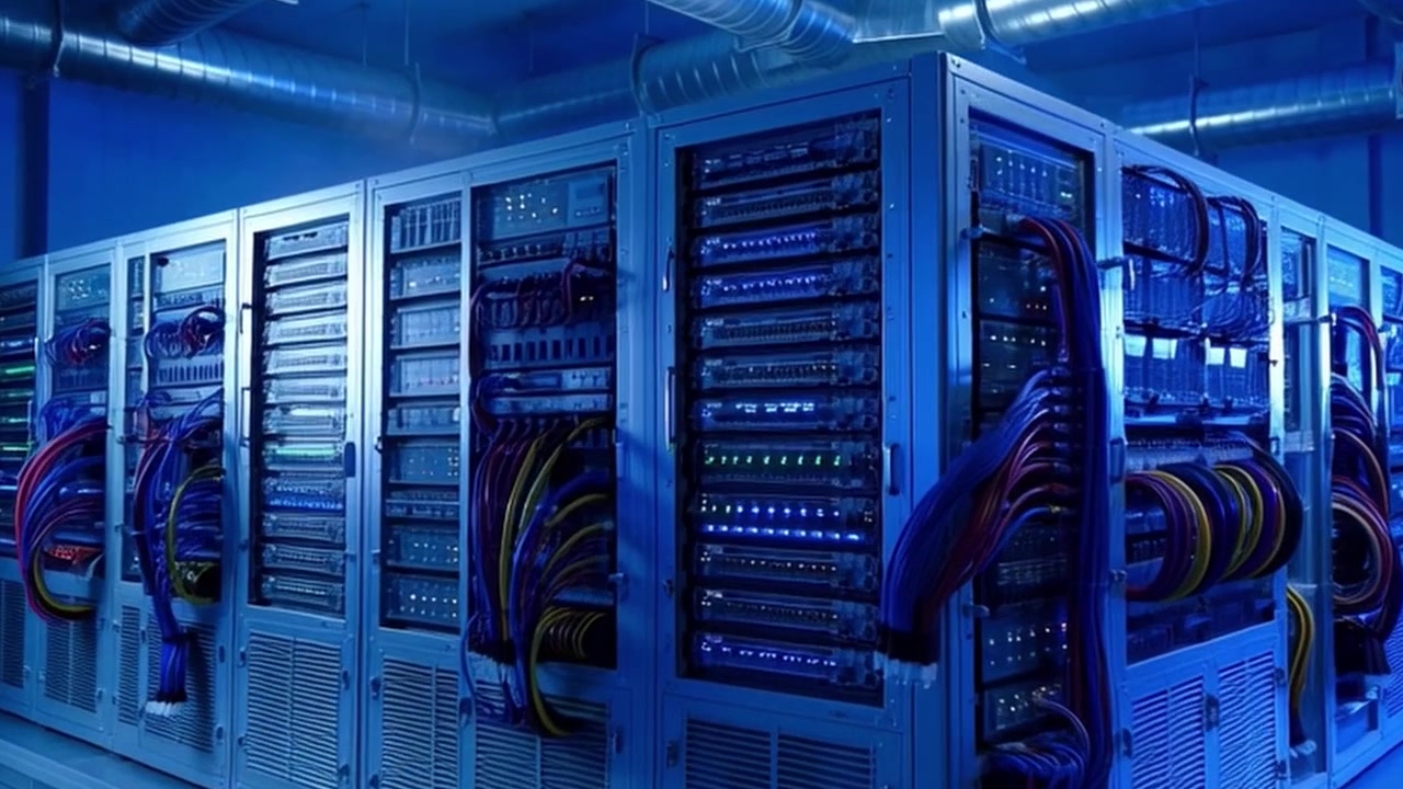 Rader med serverrack i et moderne datasenter