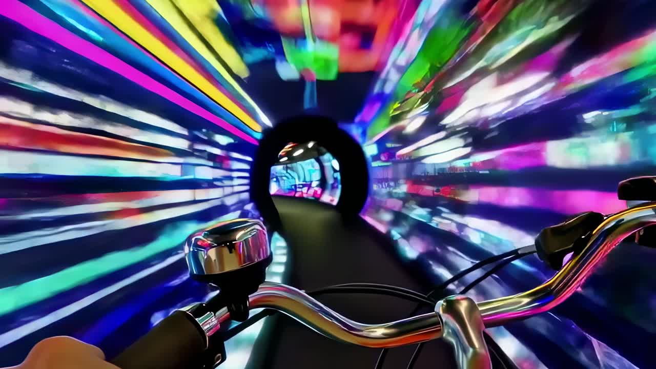 First person view of bicycle handlebars and bell while riding through a vibrant, illuminated tunnel, creating a dynamic and colorful experience