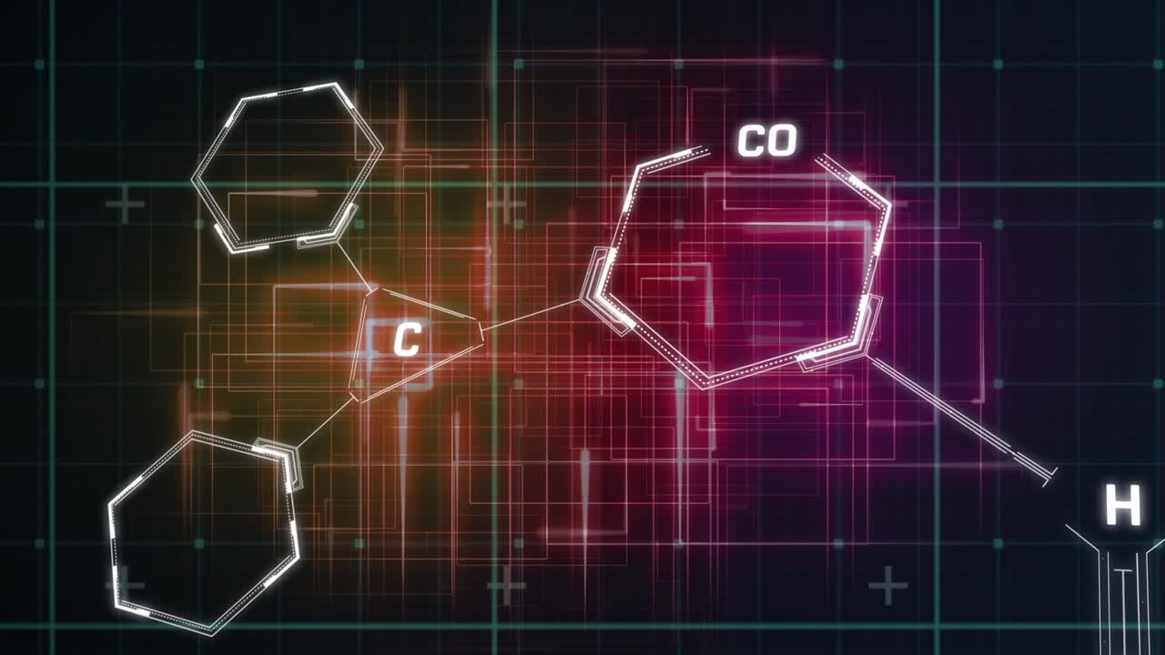 Animation of chemical formula over light trails on black background