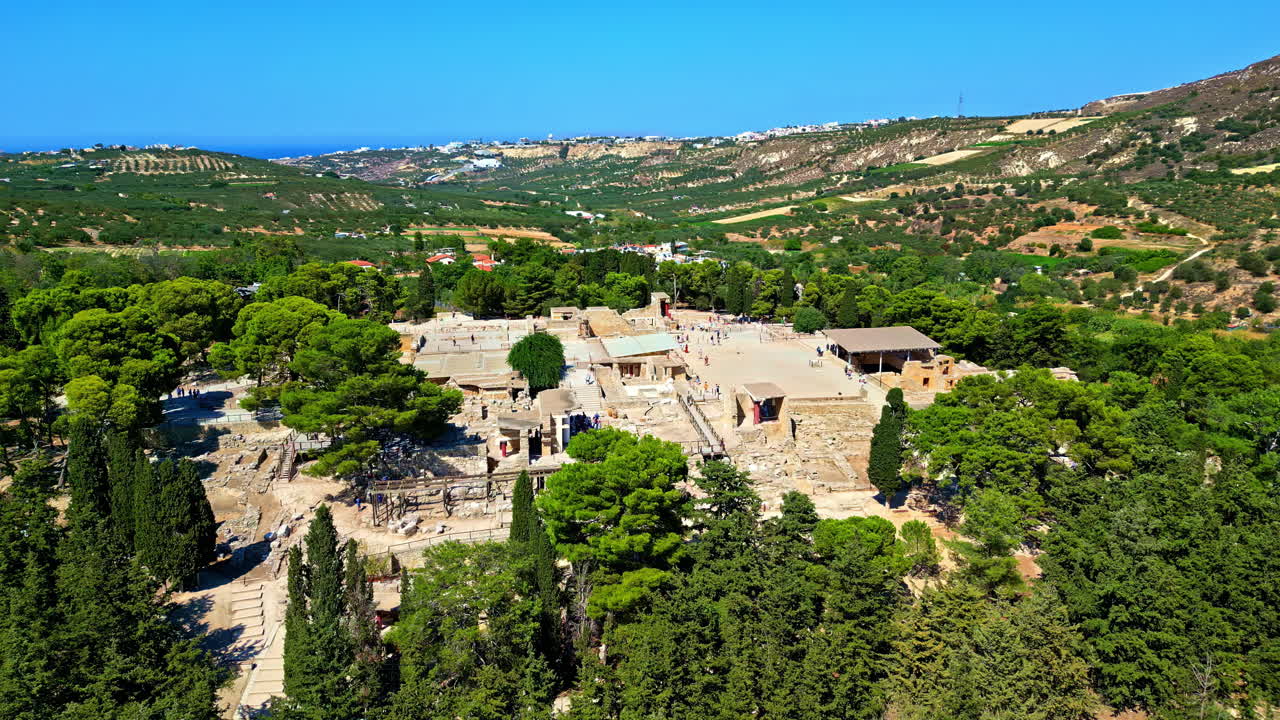 High-definition aerial footage of the ancient ruins of Knossos Palace in Greece