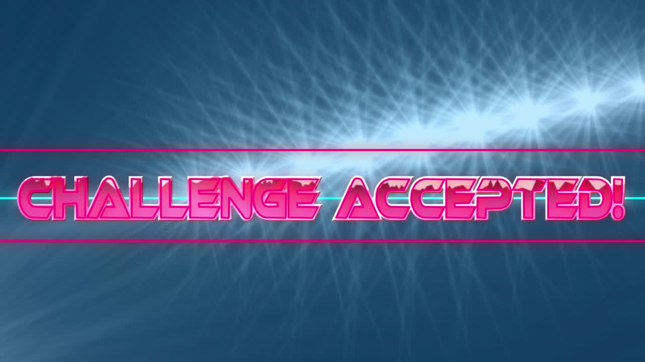 Challenge accepted text over neon banner against spots of light on blue background