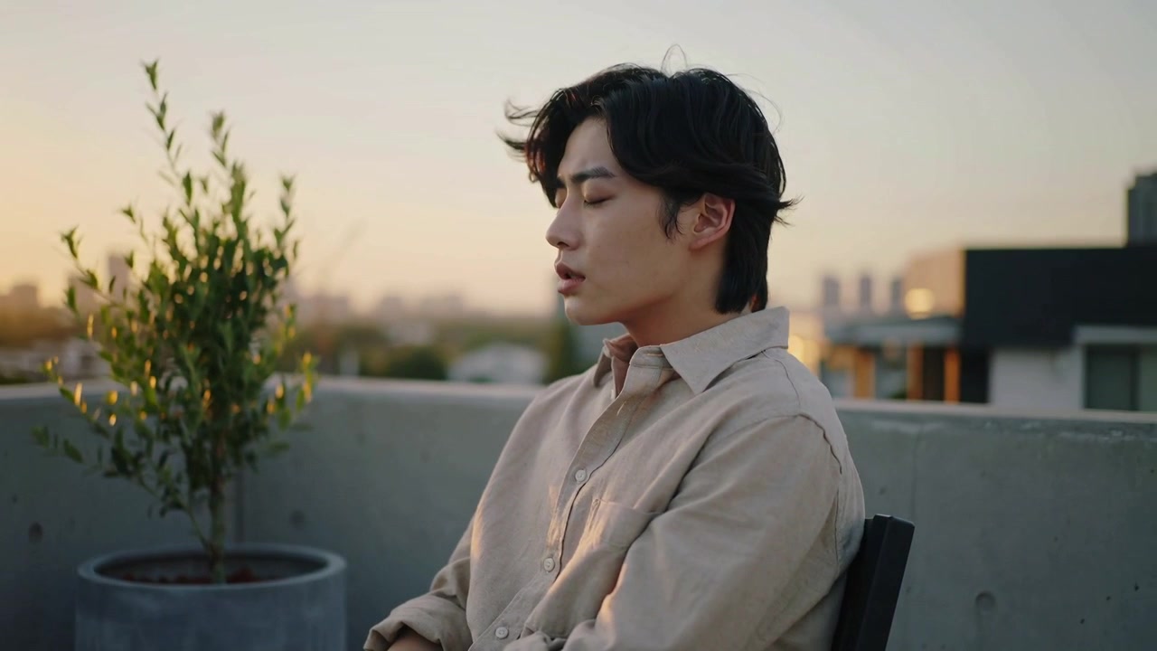 ชายชาวเอเชียนั่งจัดท่านั่งบนเก้าอี้บนดาดฟ้า ขณะที่แสงอาทิตย์ยามเย็นสาดส่อง สวมเสื้อเชิ้ตสีเบจ