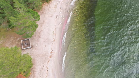 Suecia---Los-Tonos-Otoñales-Adornan-La-Playa-Costera,-El-Viento-Agita-El-Mar-Y-Una-Autocaravana-Blanca-Estacionada-En-Medio-De-Un-Entorno-Natural---Toma-Aérea-Con-Drones