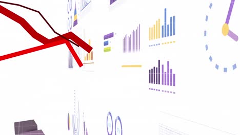animación del procesamiento de datos financieros y estadísticas sobre líneas rojas.