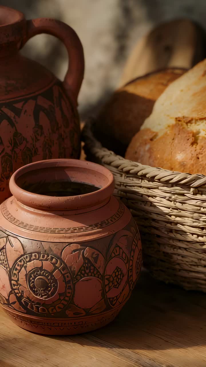 Vertical video: Lens pulling focus on carved pot and bread basket on oak tabletop, showing patterns