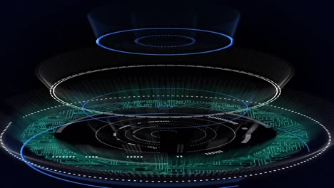 Microprocessor-connections-over-multiple-neon-round-scanners-on-black-background