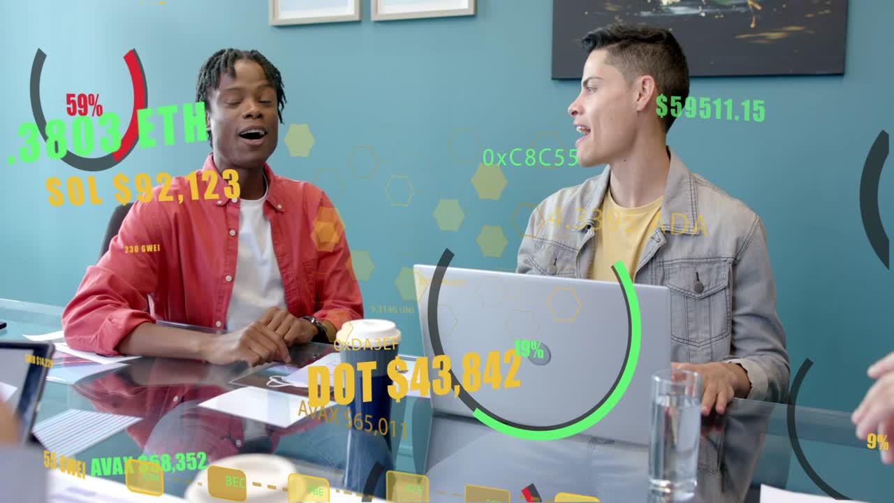 AR overlays animating, left speaking, gesturing as right typing on laptop reviewing crypto tickers