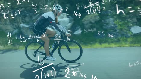 ecuaciones matemáticas contra la mujer en bicicleta en la carretera