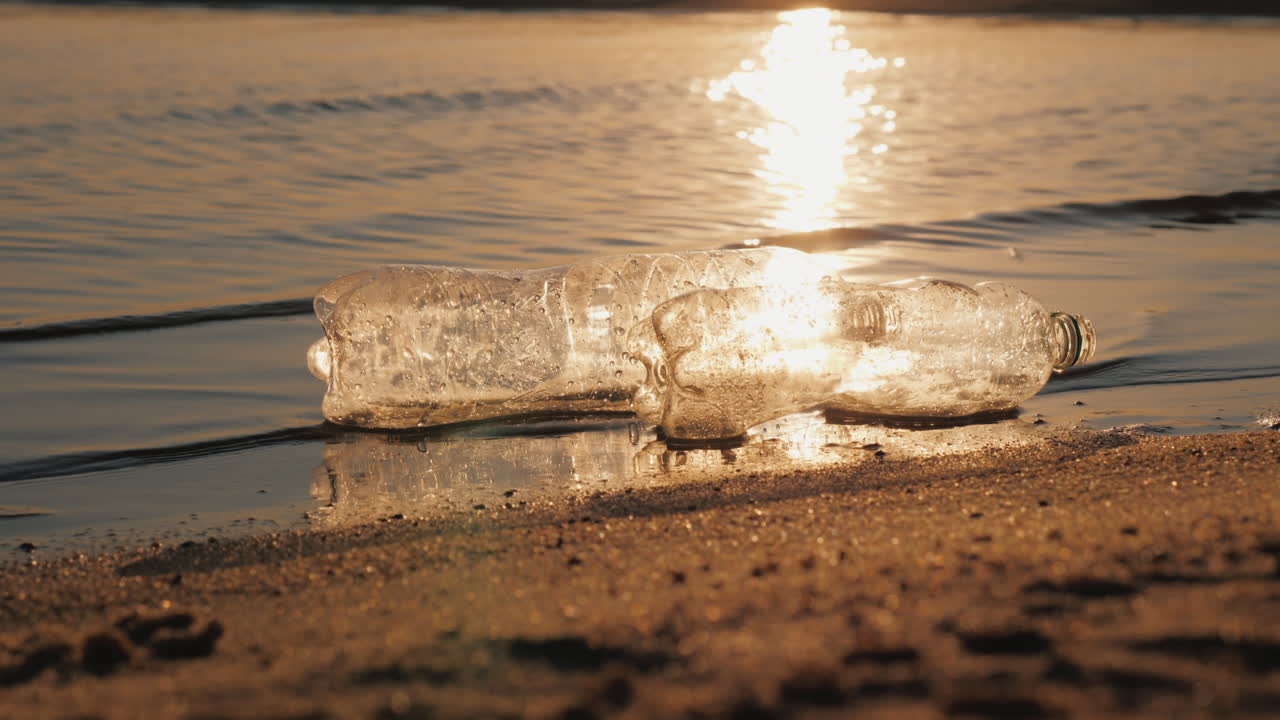 해안 플라스틱 오염 개념 근처의 물에 두 개의 플라스틱 병이 떠 있습니다.