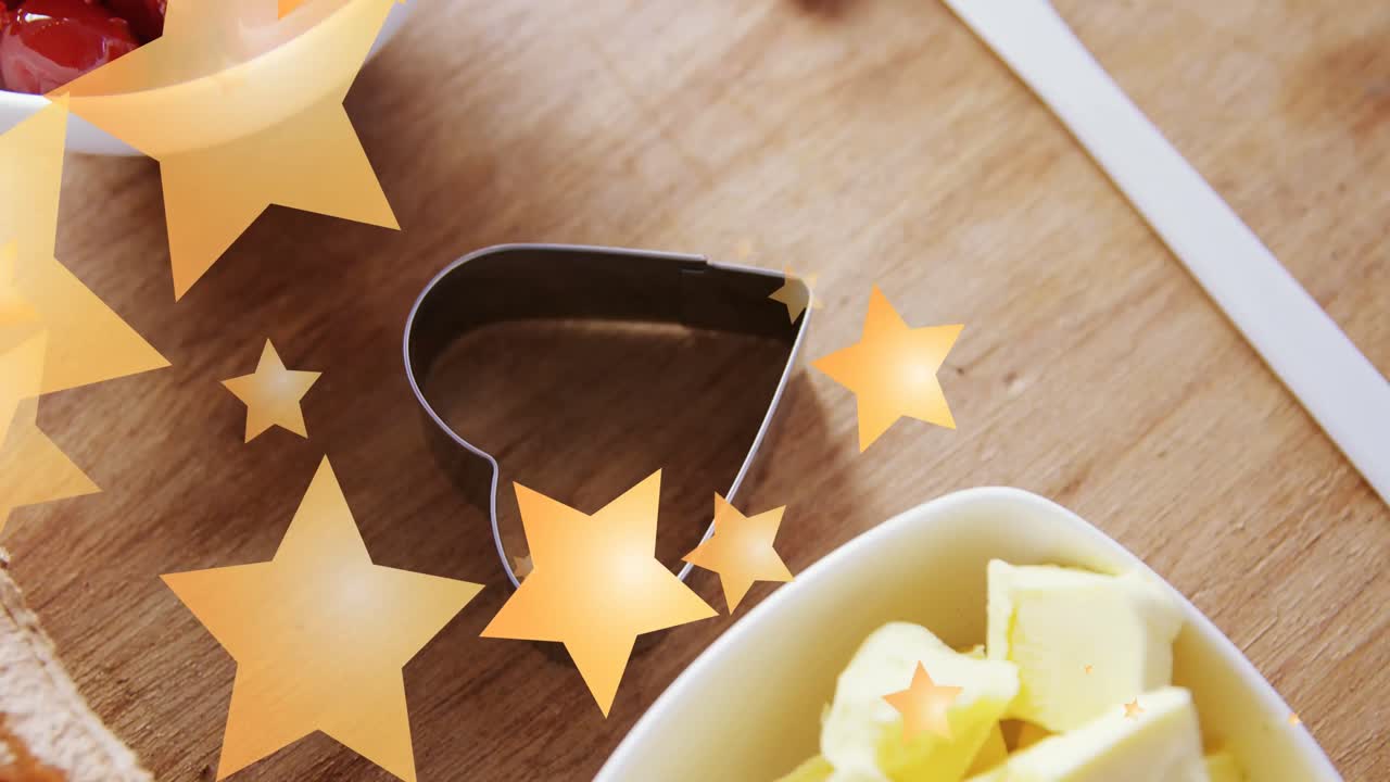 재료 위에 떨어지는 노란색 별의 애니메이션