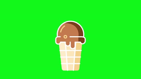 4k video of cartoon chocolate ice cream in a waffle cone on green background.
