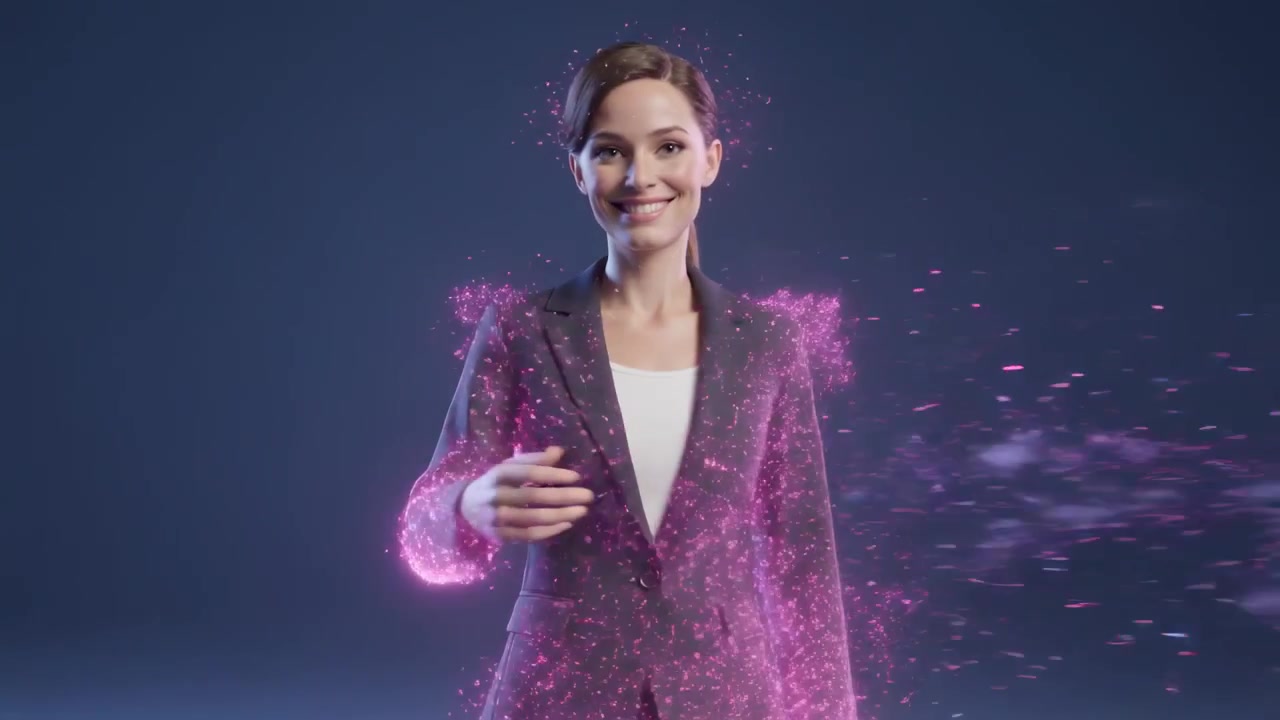 Nuvem pulsante rosa-branca se formando, mulher de blazer escuro e blusa branca em conjunto azul estendendo a palma da mão convidativamente.