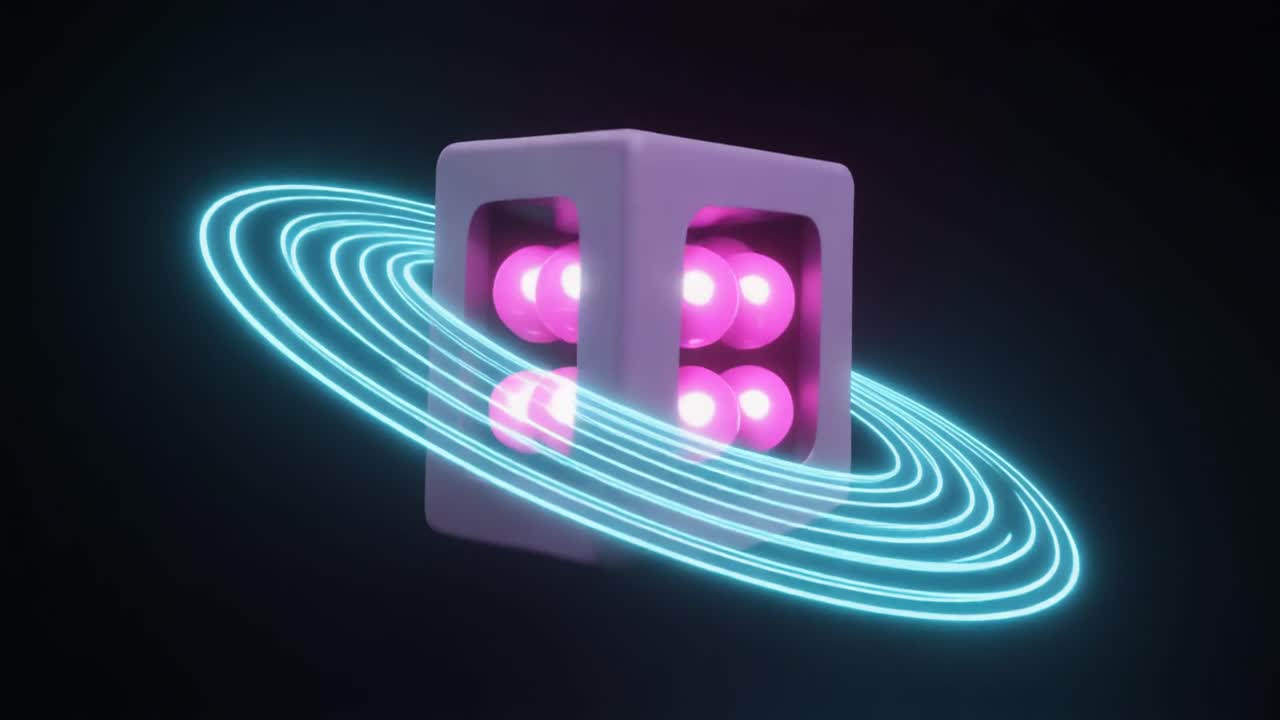 Abstract 3D Cube with Glowing Pink Spheres and Blue Neon Ring