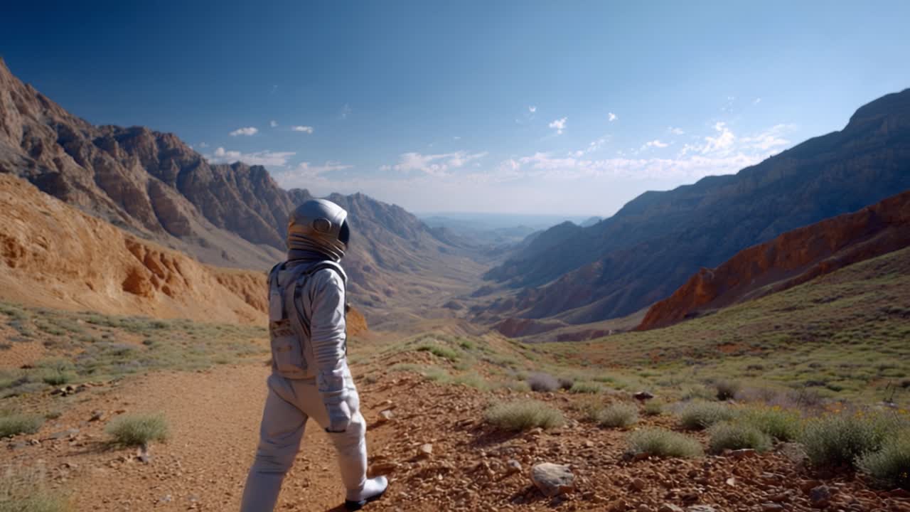 An astronaut explores a breathtaking alien landscape, gazing over a vast valley surrounded by towering mountain ranges under a clear blue sky