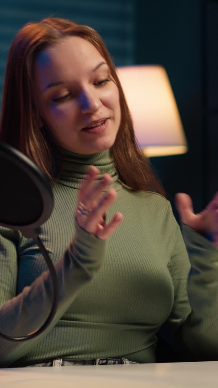 Giovane donna che parla e gesticola mentre registra un podcast