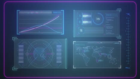 Animation-of-graphs,-loading-bars-and-circles,-globe-in-circles-and-map-over-blue-background