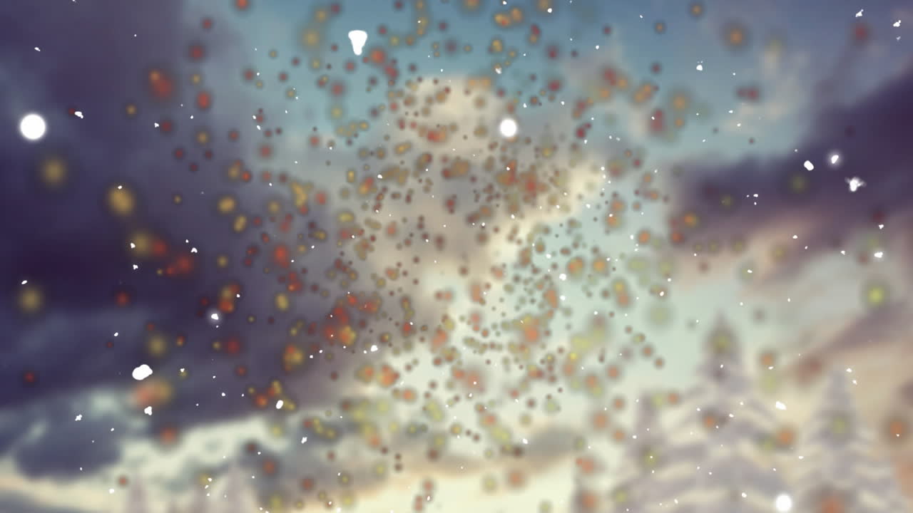 Floating colorful particles over cloudy sky background, creating animation effect