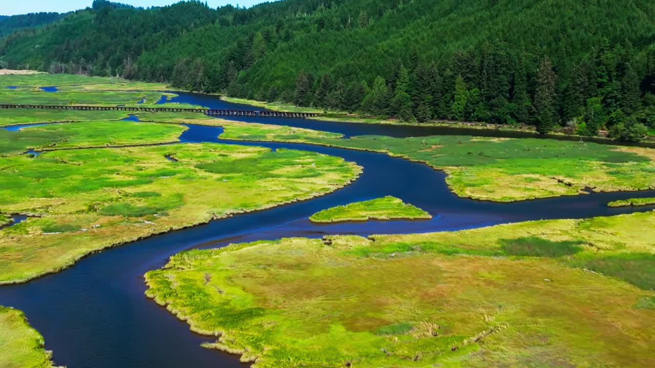 Vibrant Aerial View of Suislaw River Delta with Train Tracks