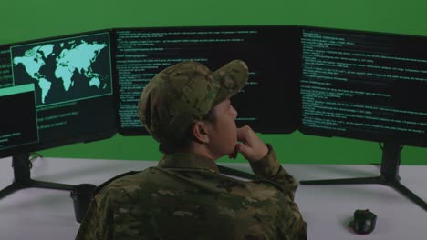 analista militar que revisa los datos globales de amenazas cibernéticas