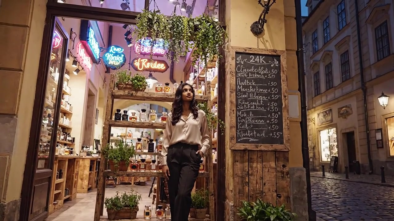 Una graziosa vetrina al crepuscolo espone una donna in abito elegante accanto a insegne colorate e una vegetazione rigogliosa, creando un'atmosfera accogliente su una strada di ciottoli.