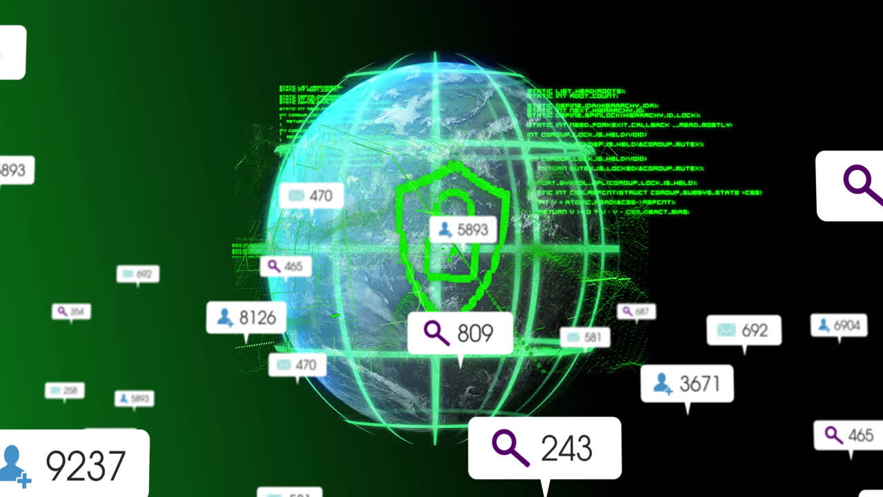 animación del procesamiento de datos sobre iconos de medios y globo