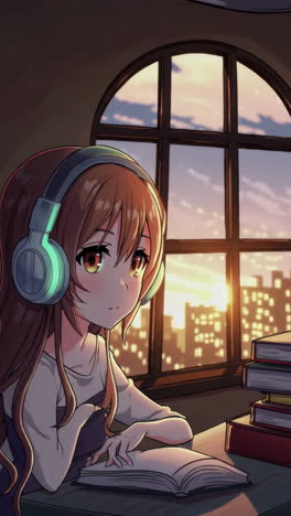 anime girl reading at a window