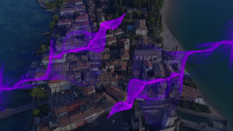 animation of purple wave over cityscape