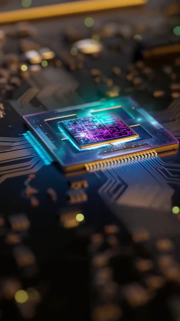 Primo piano angolato di un microchip su una scheda di circuito, che evidenzia l'innovazione tecnologica nel video.
