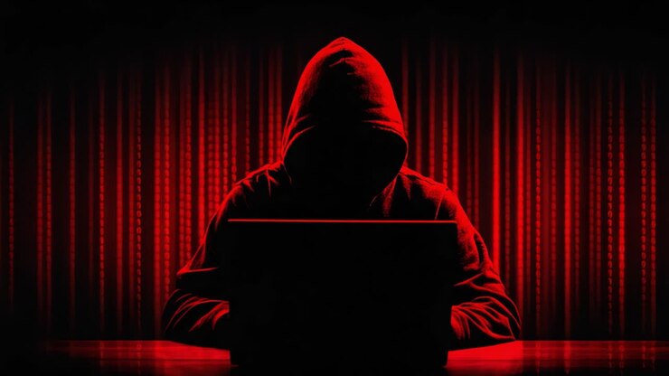 Una figura misteriosa con la felpa con cappuccio impegnata in lavoro al computer su uno sfondo rosso scuro con codice binario, che esalta il tema del segreto e dell'intrigo nelle attività informatiche.