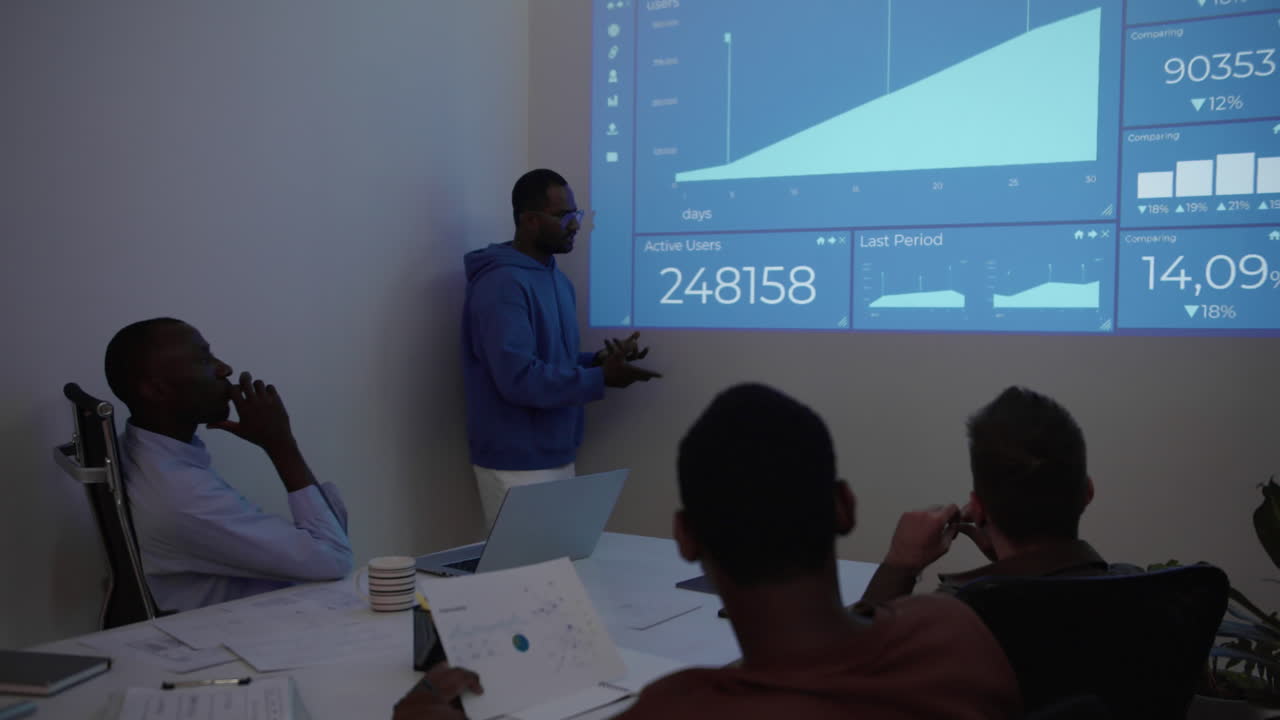 Group of Businessmen Discussing Stock Market Trends at Startup Office