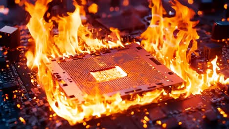 a computer motherboard on fire with a cpu on top of it