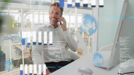 animation of globes, graphs and computer language over caucasian man talking on cellphone in office