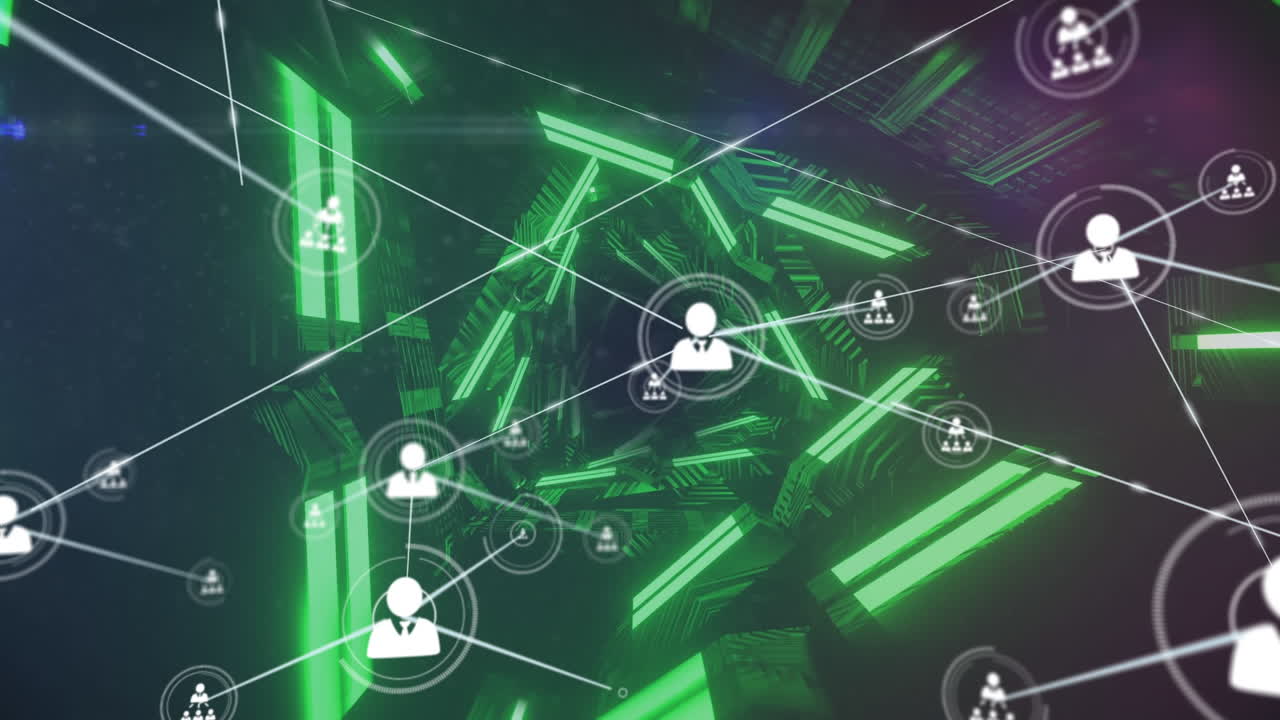 Animazione di una rete di connessioni su forme geometriche al neon