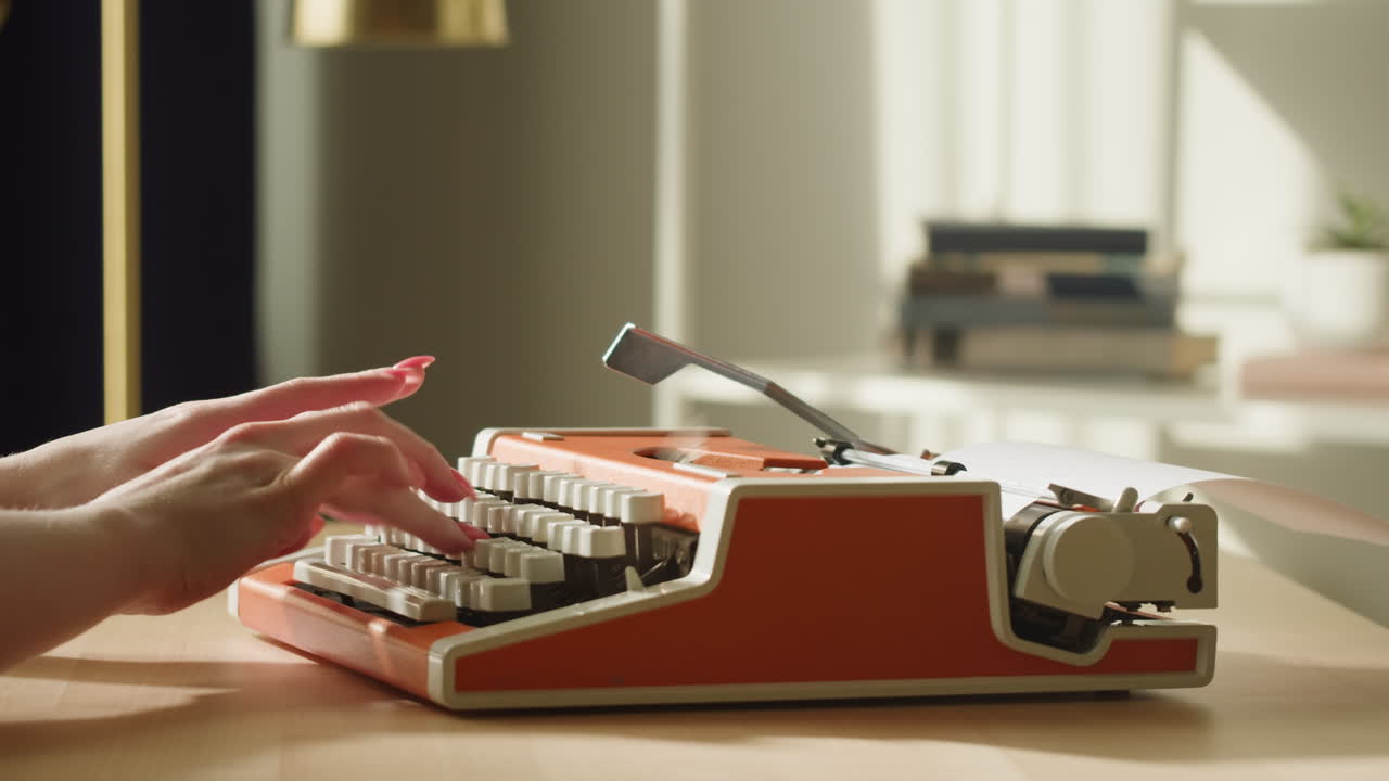 Close-up van handen die typen op een vintage oranje typemachine