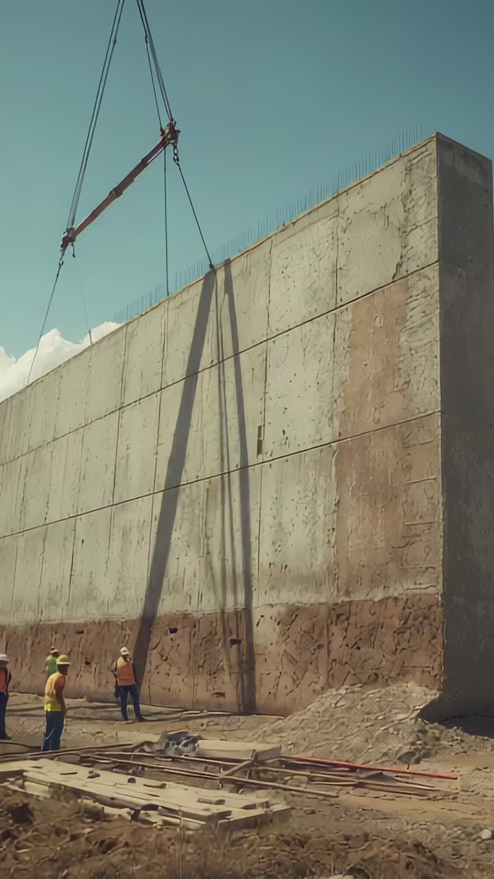 Vertical video: Lowering spreader rigging sliding by precast wall at site, crew in vests aligning