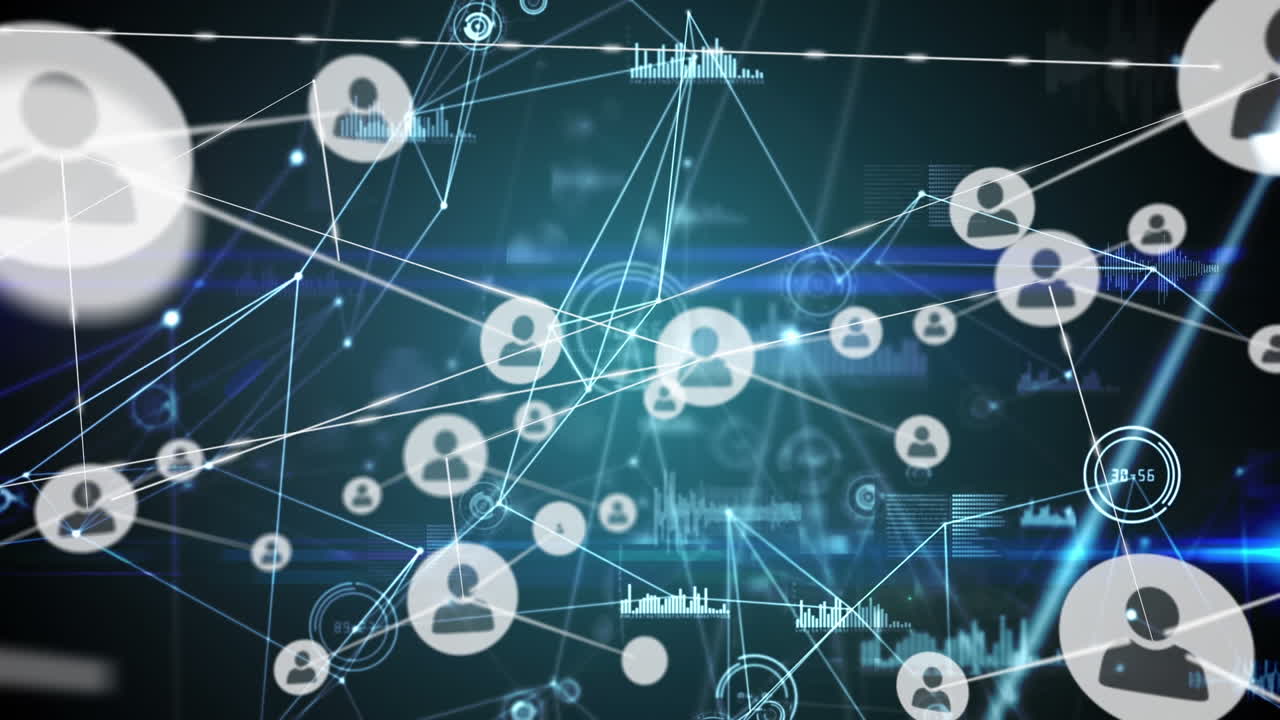 검은색과 파란색 배경에 아이콘으로 연결 네트워크의 애니메이션