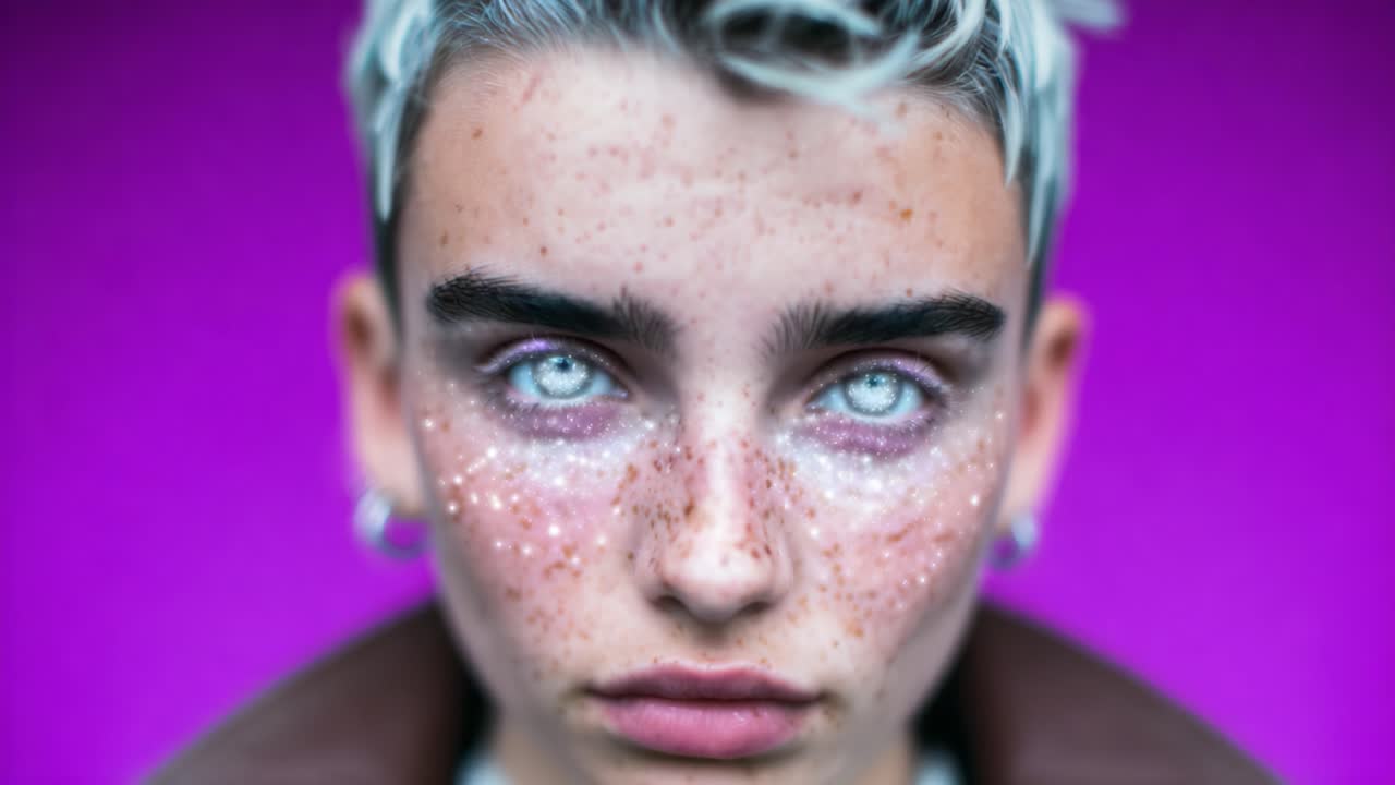 Captivating Portrait Series: A Mesmerizing Close-Up of an Individual with Unique Features and Striking Light Effects Set Against a Bold Purple Background
